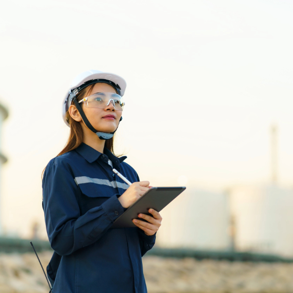 Trabajadora mirando al horizonte desde un edificio alto