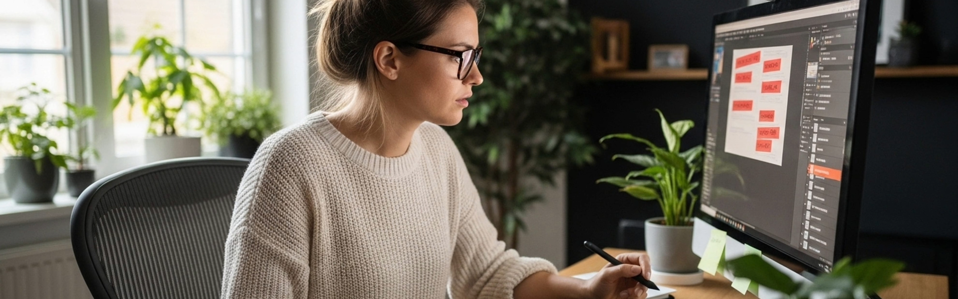 mujer sonriendo mientras realiza home office en su computador desde casa