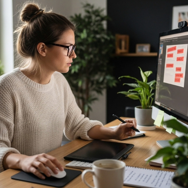 mujer sonriendo mientras realiza home office en su computador desde casa