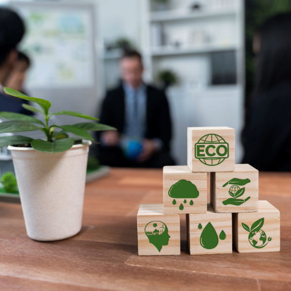 cubos de madera con símbolos ecológicos que representan la sostenibilidad empresarial