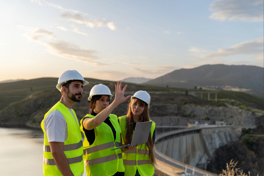 grupo de ingenieros revisando su proyecto e impactos ambientales