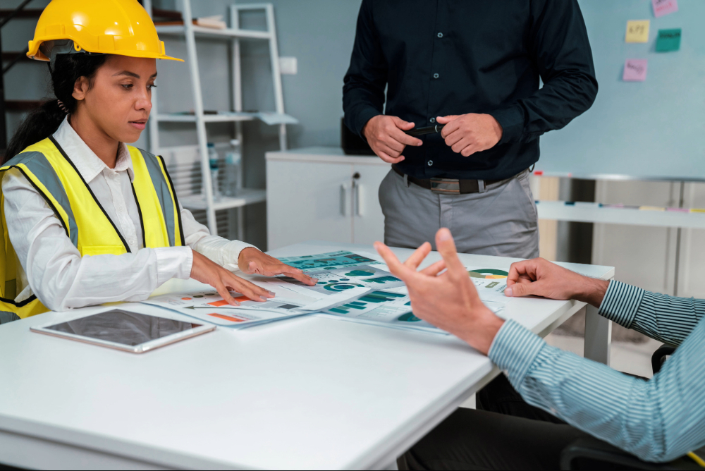 equipo de trabajo analiza estrategias para gestionar los tipos de peligros laborales en el trabajo