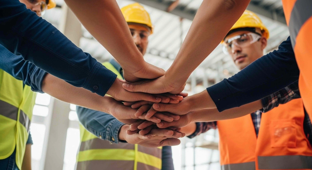 grupo de trabajadores de construcción uniendo sus manos como símbolo de trabajo en equipo y colaboración.